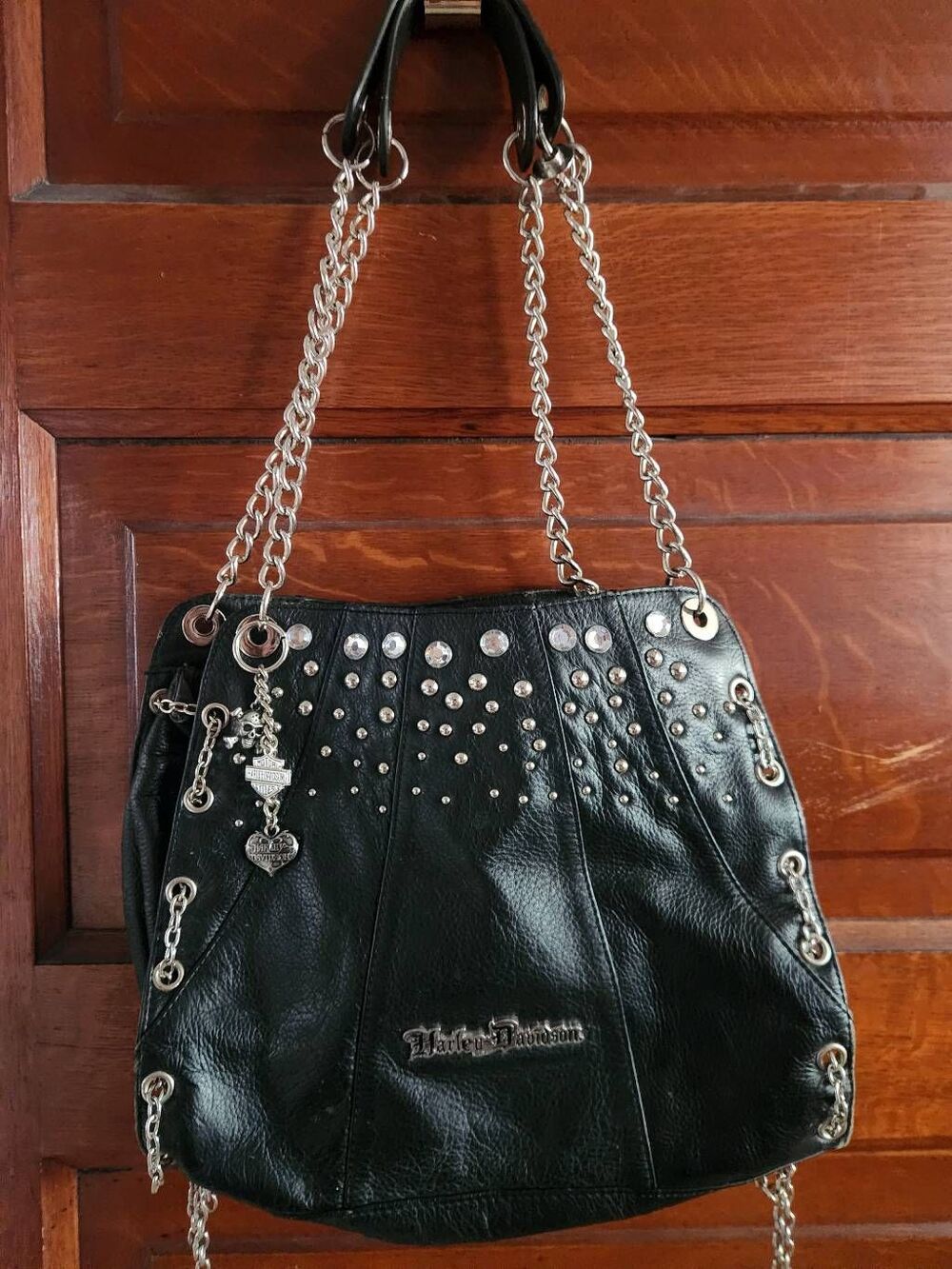 Harley-Davidson Black Genuine Leather Hobo with Chains Embellishments